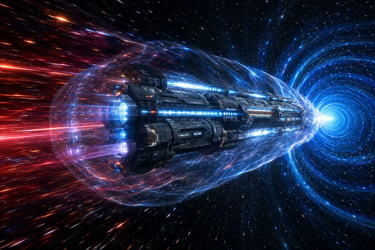 Deep-space vessel entering wrap transition